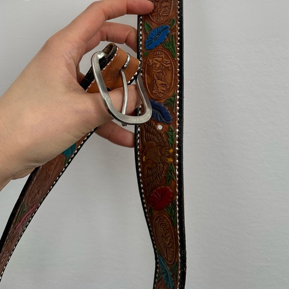 Vintage Western Brown Tooled Leather Belt Made in Mexico Hand Painted Size M - Picture 12 of 12